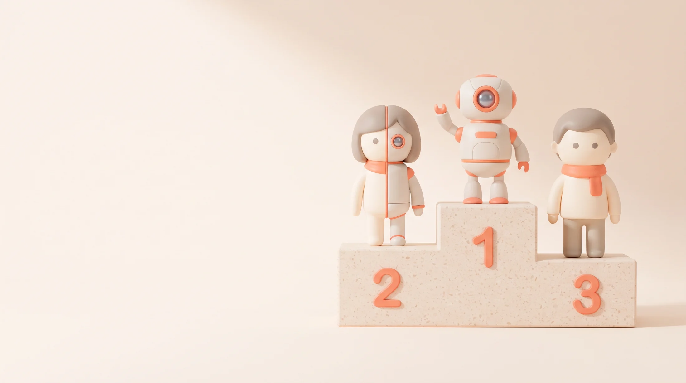 Podium à trois marches : le robot en première place, le personnage mi-humain mi-robot en deuxième, l'humain en troisième